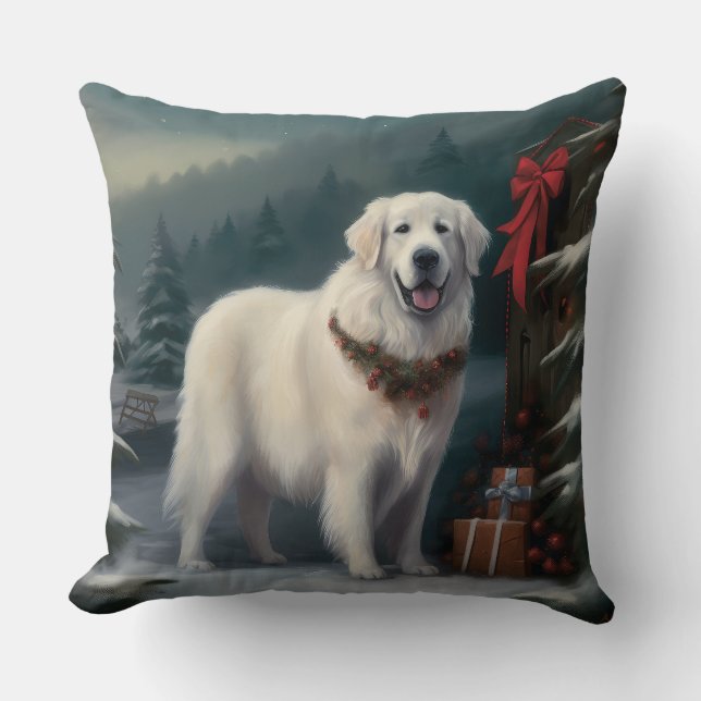 Coussin Chien des Grands Pyrénées dans la neige de Noël (Recto)