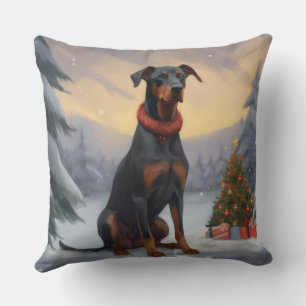Coussin Chien Doberman dans la neige de Noël