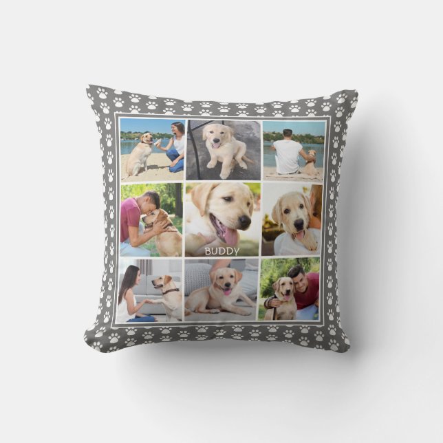 Coussin Chien Empreinte de patte Patten Photo Collage gris (Recto)