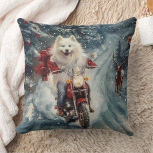 Coussin Chien Esquimau Américain à Vélo à Noël