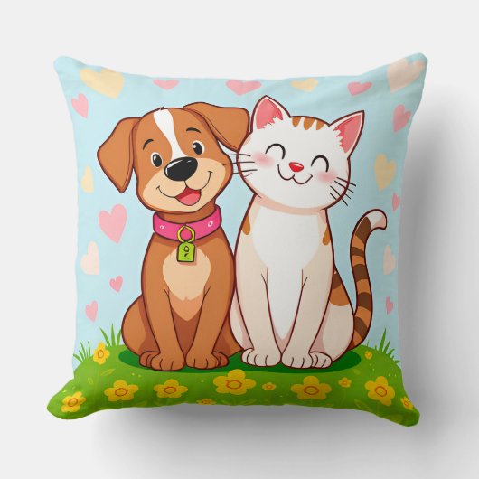 Coussin Chien et chat de dessin animé mignons assis ensemb (Recto)