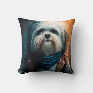 Coussin Chien Havanais en vélo peinture numérique