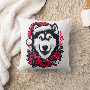 Coussin Chien Husky Festif Floral avec Chien de Noël Chien