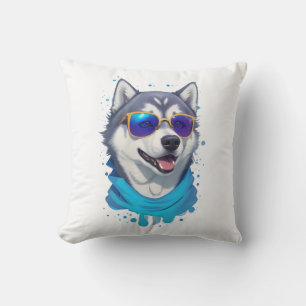 Coussin Chien Husky Portant du verre soleil dans la lueur