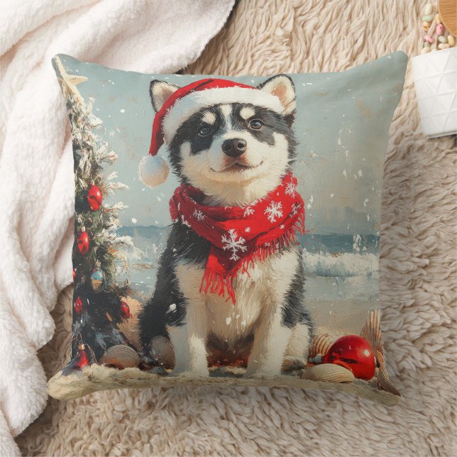 Coussin Chien Husky Sibérien Noël Plage Vintage (Couverture)