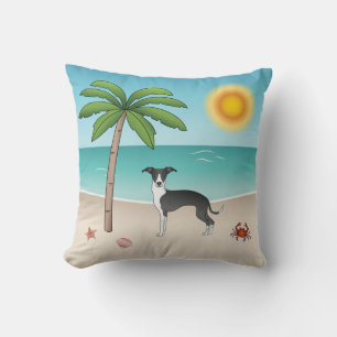 Coussin Chien Iggy Noir Et Blanc à la Plage Tropicale d'Ét