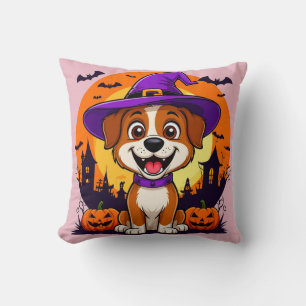 Coussin Chien joyeux déguisé en sorcière à l'occasion d'Ha