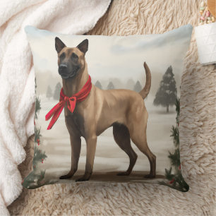 Coussin Chien Malinois Belge dans la neige de Noël