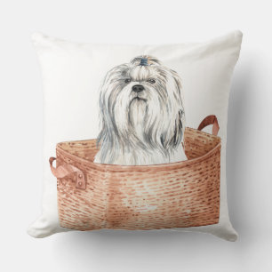 COUSSIN CHIEN MALTAIS BLANC DANS LE PANIER BROWN
