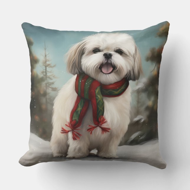 Coussin Chien Malti Tzu à Noël de neige (Recto)