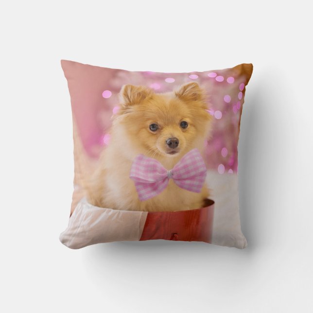 Coussin Chien mignon avec cabot rose Photo de Noël (Recto)