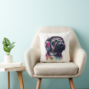 Coussin Chien mignon avec casque couleur d'eau illustratio