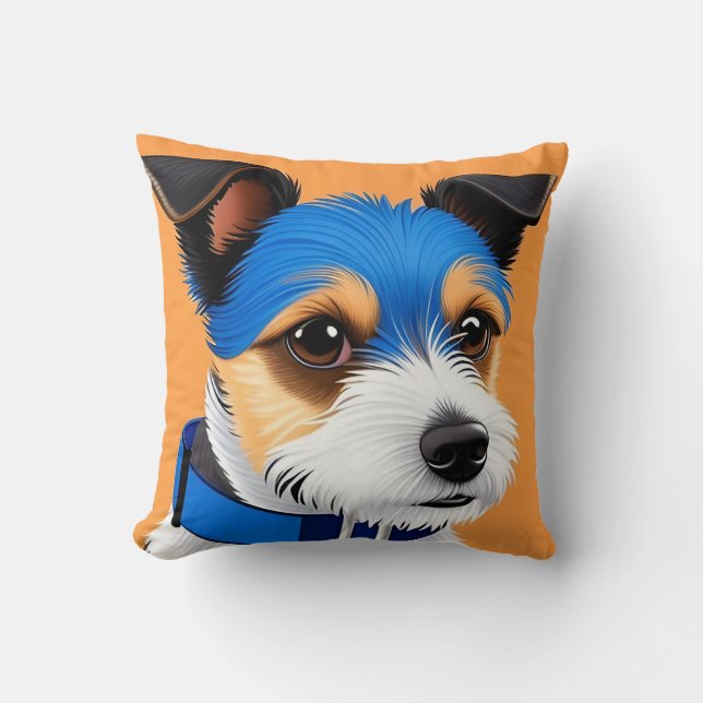 Coussin Chien mignon avec un collier bleu sur fond orange (Recto)