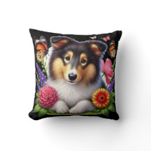 Chien-mouton Shetland avec fleurs et papillons