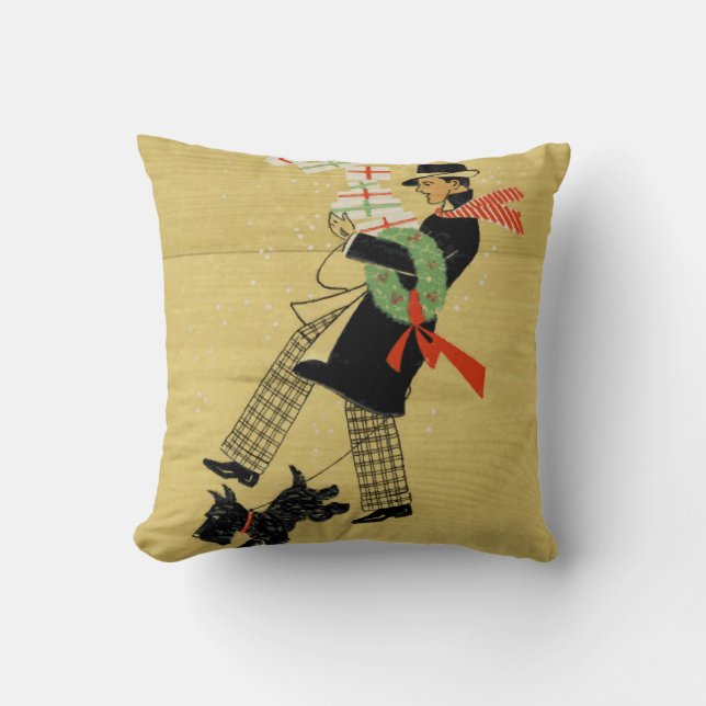 Coussin Chien noir Terrier avec homme Vintage Noël (Recto)