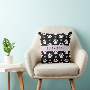Coussin Chien Paws, White Paws, Lilac Hearts, Votre Nom