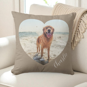 Coussin Chien Personnalisé Photo Cœur Taupe Script