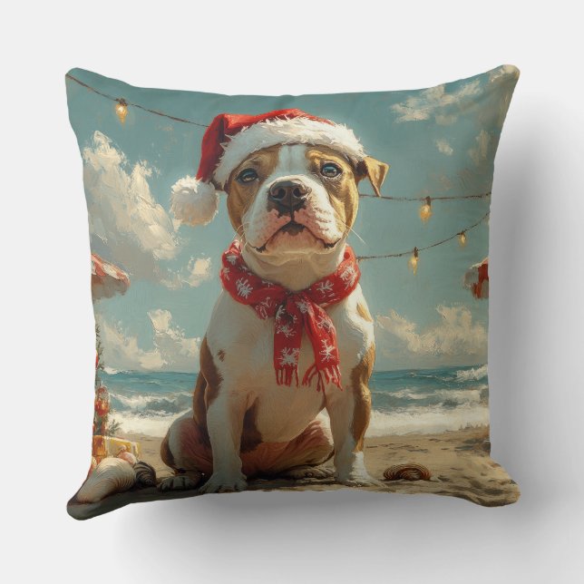 Coussin Chien Pitbull Noël Vintage Plage (Verso)