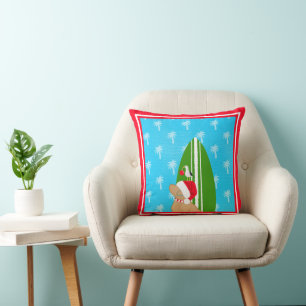 Coussin Chien Planche de Surf Dorée de Noël Santa Goéland