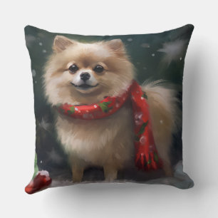 Coussin Chien Poméranie dans la neige de Noël