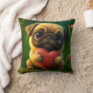 Coussin Chien Pug Chiot Mignon et Coloré Tenant un Cœur