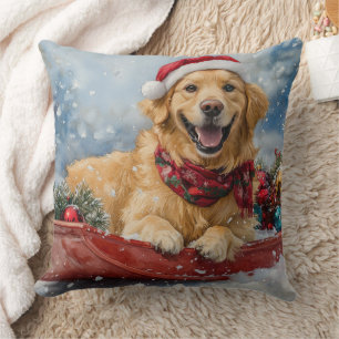 Coussin Chien Retriever Doré en Luge Neige Noël