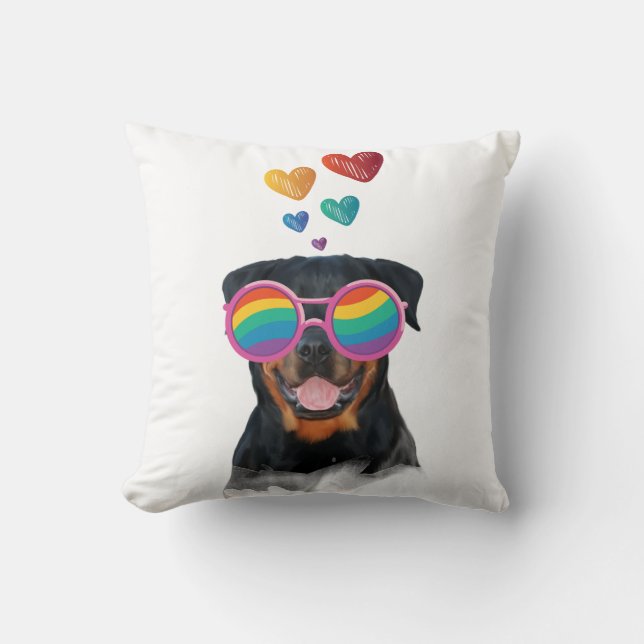 Coussin Chien Rottweiler avec coeurs Saint-Valentin (Recto)