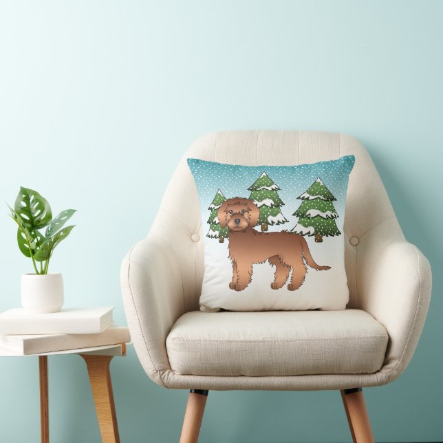 Coussin Chien Rouge Mini Goldendoodle Dans Une Forêt D'Hiv (Chaise)