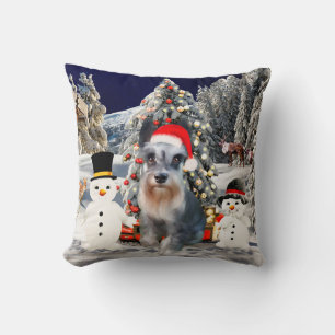 Coussin Chien Schnauzer Miniature En Casquette Noël Neige
