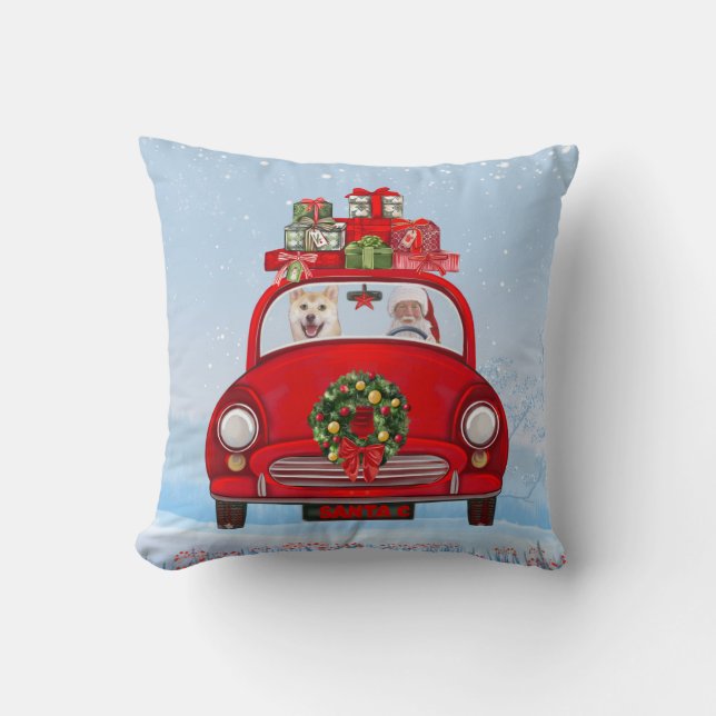 Coussin Chien Shiba Inu En Voiture Avec Le Père Noël (Recto)