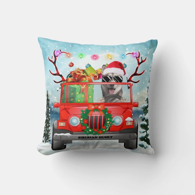 Coussin Chien sibérien Husky avec cadeaux de Noël (Recto)