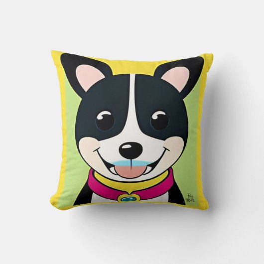 Coussin Chien souriant illustré avec collier (Recto)