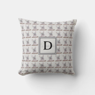 Coussin Chien-taureaux français Motif gris avec monogramme