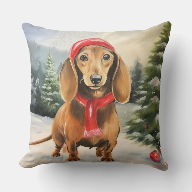 Coussin Chien teckel dans la neige Noël (Recto)
