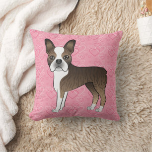 Coussin Chien Terrier de Boston Bringé sur des cœurs roses