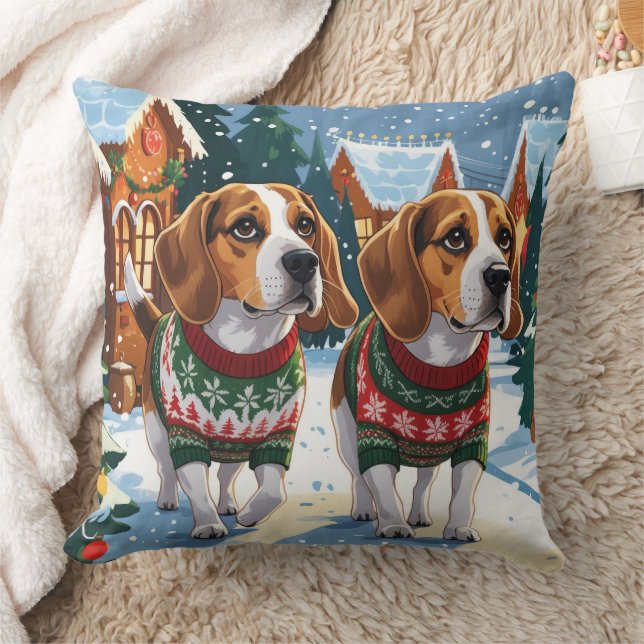 Coussin Chiens Beagle Noël Neige Fêtes (Couverture)