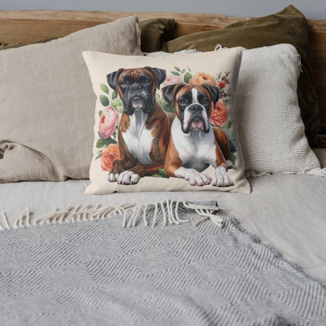 Coussin Chiens Boxer et Délices Floraux (Créateur téléchargé)