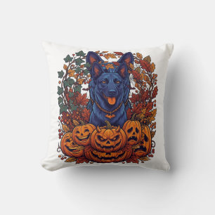 Coussin Chiens de combat Bleus Citrouilles d'Halloween Feu