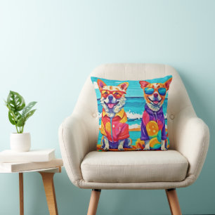 Coussin Chiens de plage ensoleillés : Peinture colorée