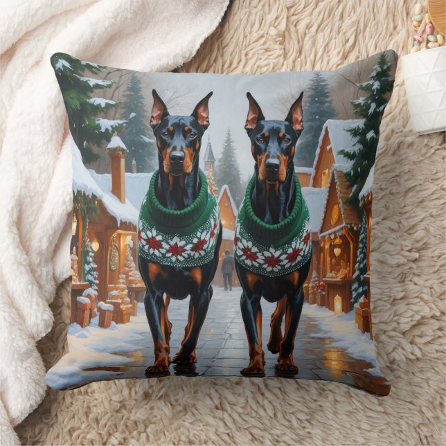Coussin Chiens Doberman Noël Neige Vacances  (Couverture)