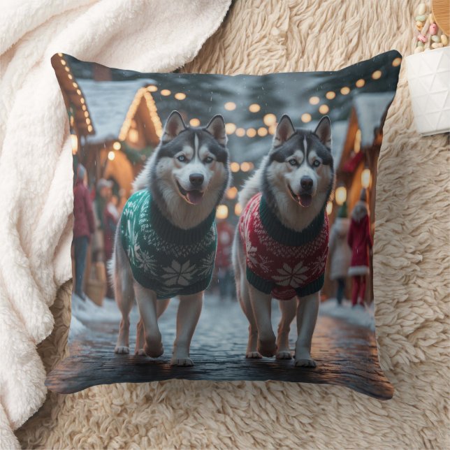 Coussin Chiens Husky Sibérien Noël Neige Vacances  (Couverture)