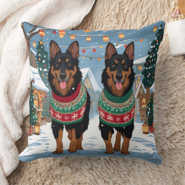 Coussin Chiens Malinois Belges Noël Neige Vacances  (Couverture)