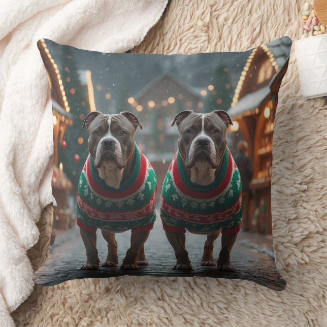 Coussin Chiens Pitbull Noël Neige Fêtes (Couverture)