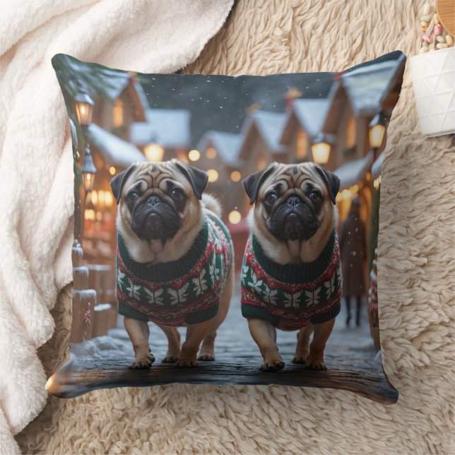Coussin Chiens Pug Noël Neige Fêtes (Couverture)