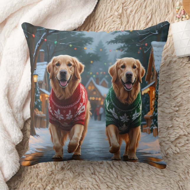 Coussin Chiens Retriever doré Noël Neige Fêtes (Couverture)