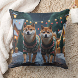 Coussin Chiens Shiba Inu Noël Neige Fêtes