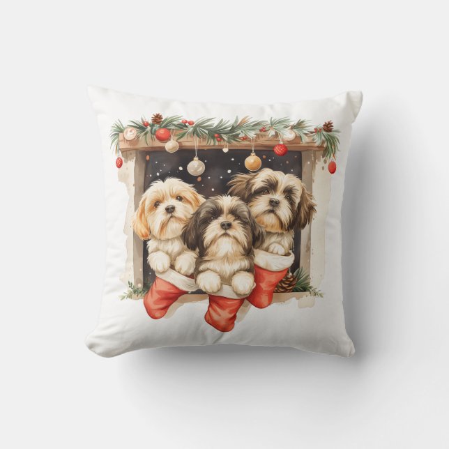 Coussin Chiens Shih Tzu de Noël (Recto)