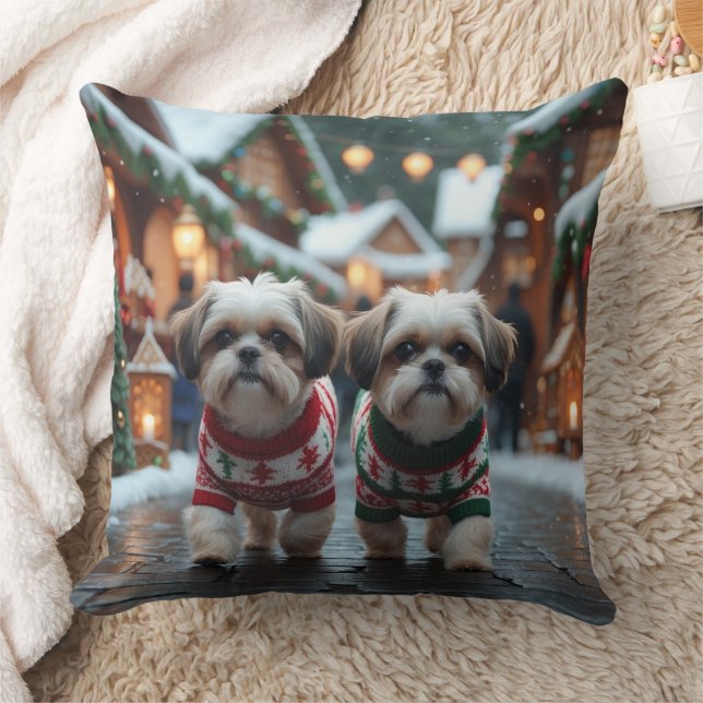 Coussin Chiens Shih Tzu Noël Neige Fêtes (Couverture)