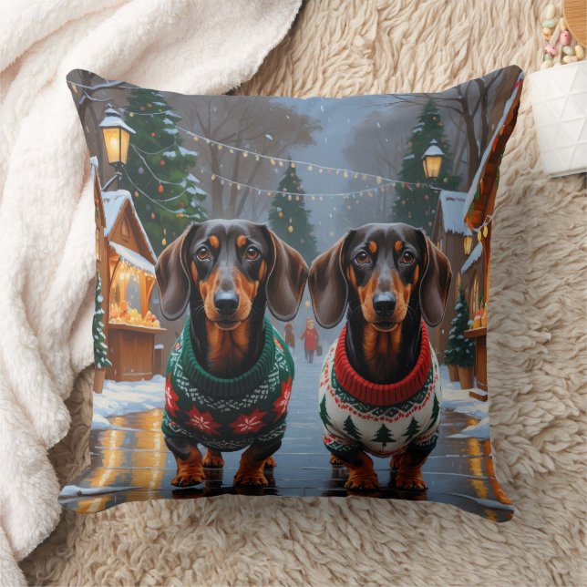 Coussin Chiens Teckel Noël Neige Fêtes (Couverture)