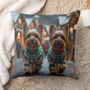Coussin Chiens Terrier du Yorkshire Noël Neige Vacances 